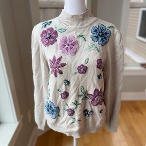 Vintage Alfred Dunner Petite Tan Blue Purple Embroidered Beaded Floral Sweater